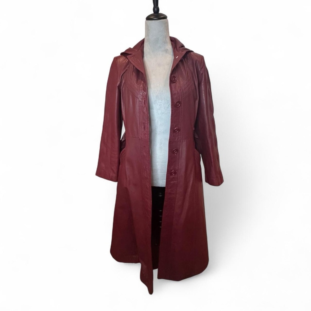 Vintage Le Soleil Burgundy Leather Trench Coat with Hood | XS-S - Picture 4 of 8